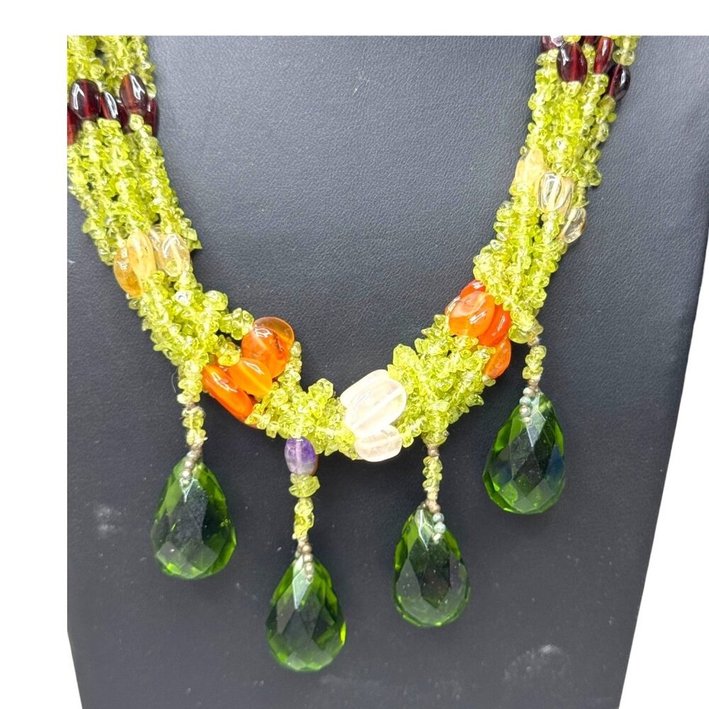 Multi-Strand Green Peridot Bead Necklace W Garnet Chandelier Drop Purple Faceted